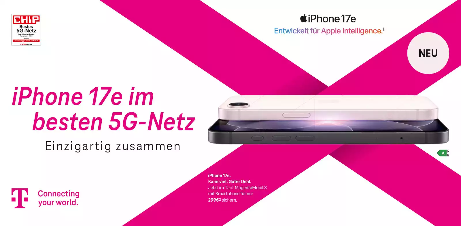 Telekom Werbung: iPhone 17e im besten 5G-Netz, zwei iPhones seitlich.