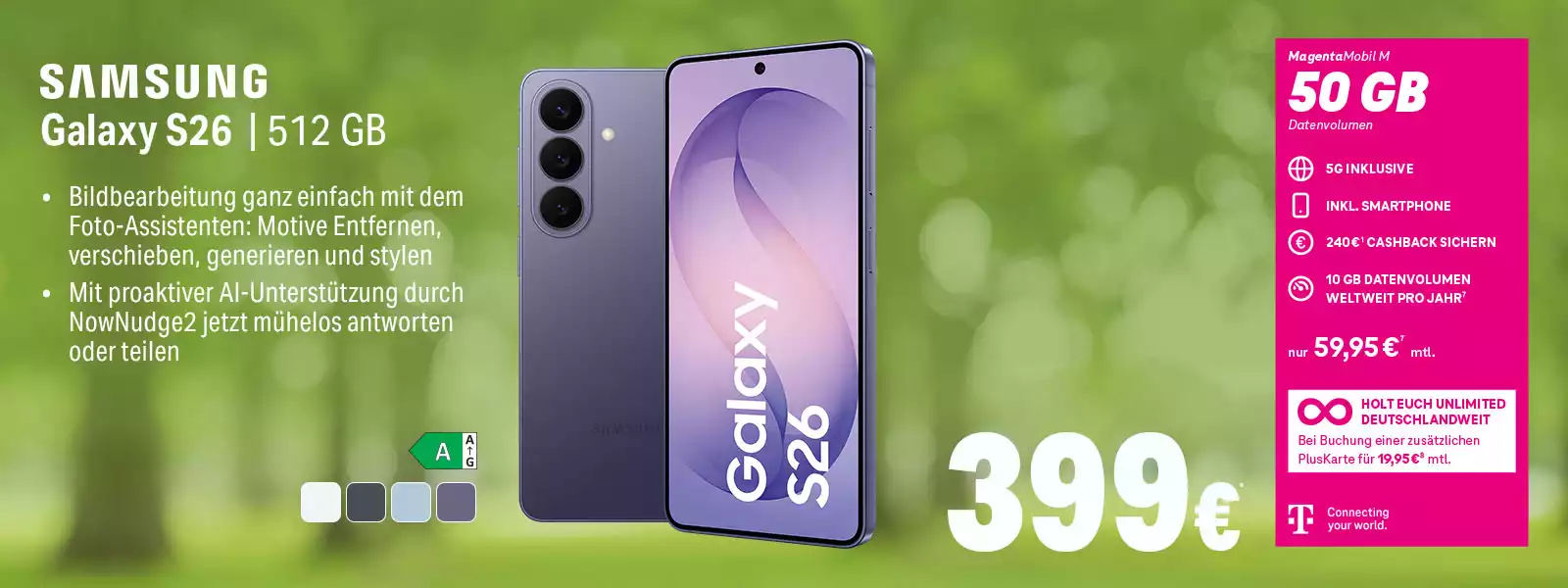 Werbebanner: Samsung Galaxy S26 512 GB mit MagentaMobil M 50 GB Tarif