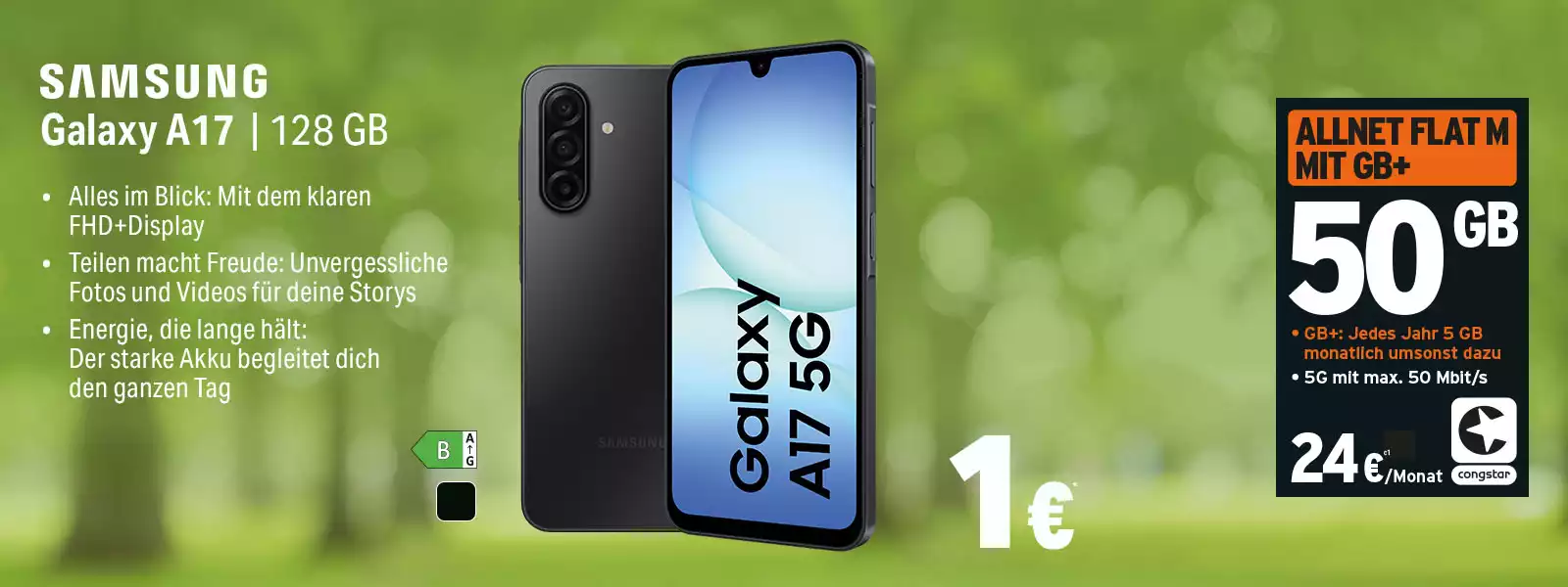 Samsung Galaxy A17 5G 128 GB Smartphone mit 50 GB Allnet-Flat M Tarif