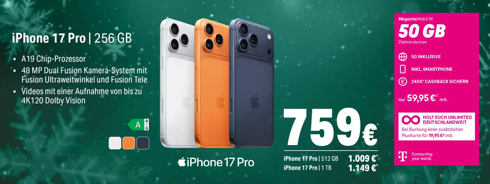 Das Bild zeigt ein iPhone 17 Pro in drei Farben mit Tarifangebot und technischen Details.