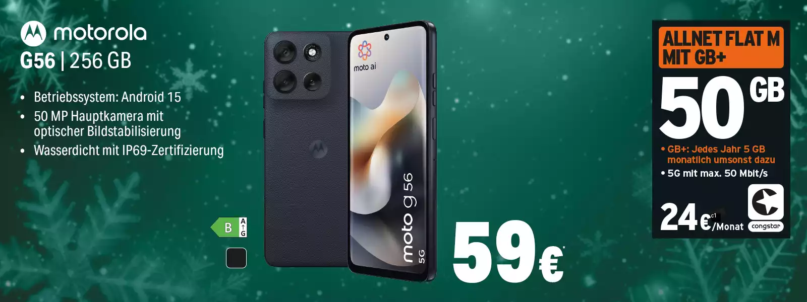 Motorola G56 Smartphone mit 256 GB, Android 15, 50 MP Kamera, wasserdicht, 5G-Tarif.