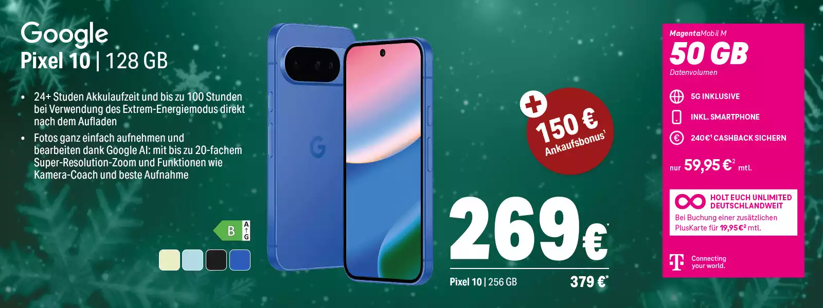 Google Pixel 10 Smartphone mit 128 GB, 5G Tarif, 50 GB Datenvolumen, Angebot beworben.