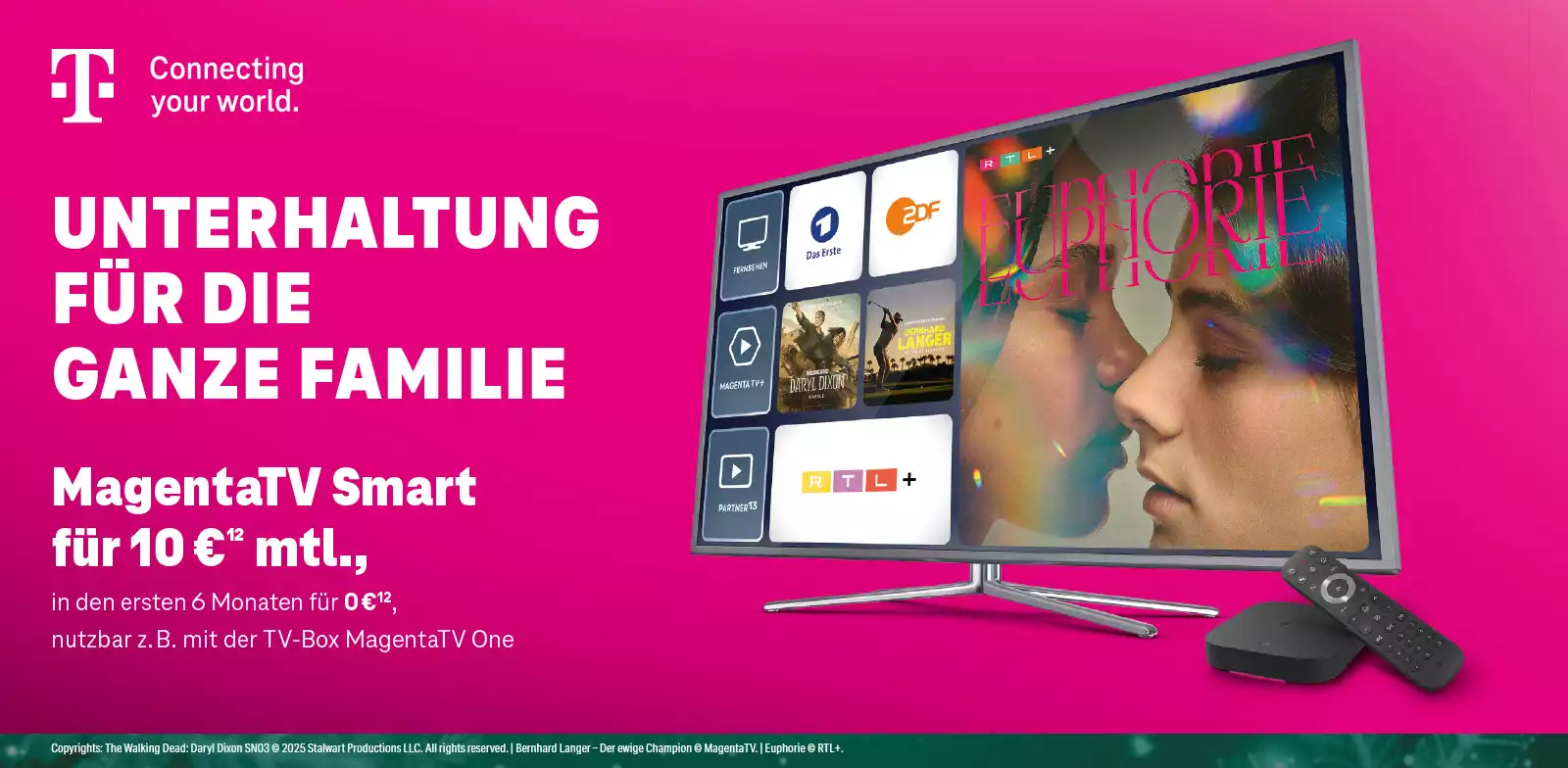 Werbung für MagentaTV Smart mit TV, Fernbedienung und Streaming-Angeboten auf pinkem Hintergrund.