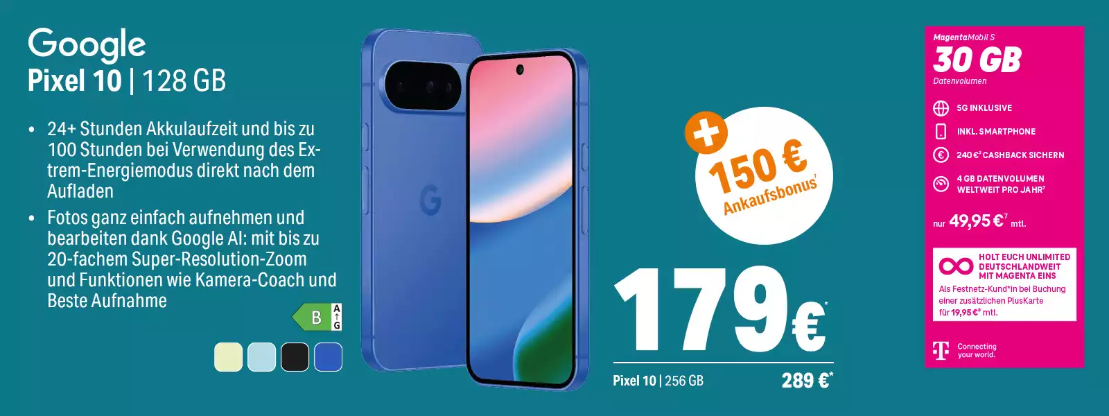 Angebot für Google Pixel 10 Smartphone mit 128 GB, 30 GB Tarif, Ankaufbonus und 5G.