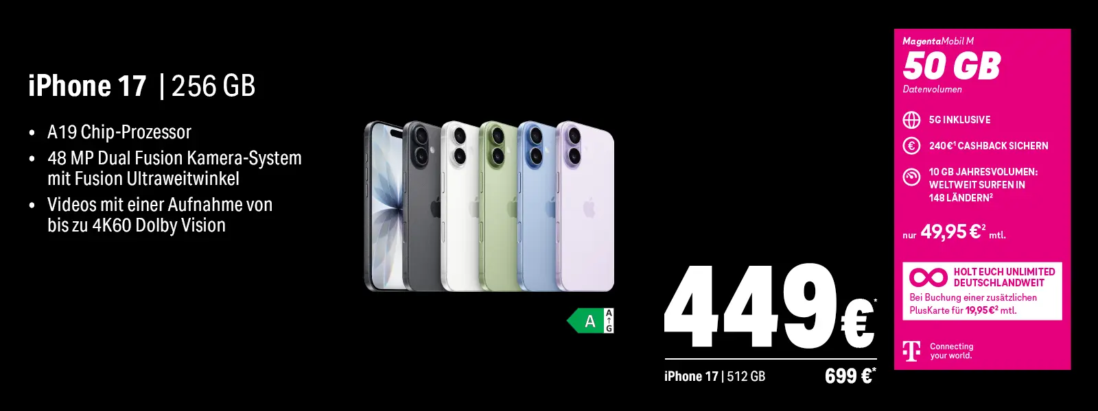Werbebanner iPhone 17 mit 256 GB, A19 Chip und 48 MP Kamera, 5G-Tarif