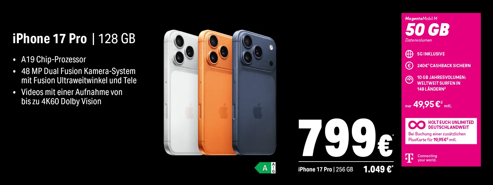 Werbung: iPhone 17 Pro mit 128 GB, Kamera-Features und MagentaMobil M 50 GB