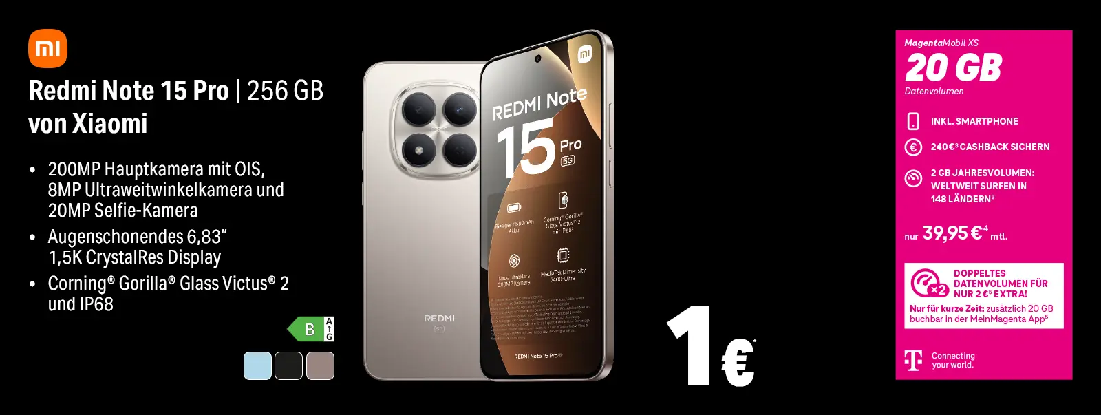 Werbebanner: Xiaomi Redmi Note 15 Pro 256 GB Smartphone mit MagentaMobil XS 20 GB