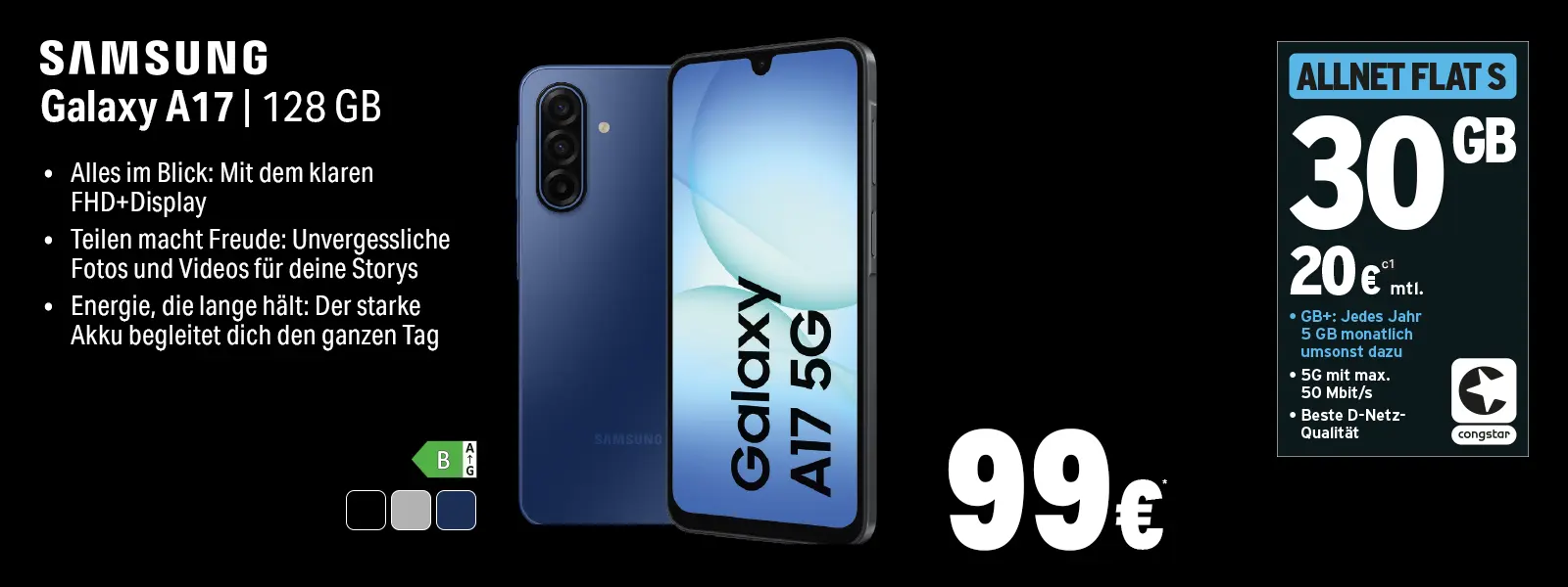 Samsung Galaxy A17 5G 128 GB Angebot mit 30-GB-Allnet-Flat und Displayinfos