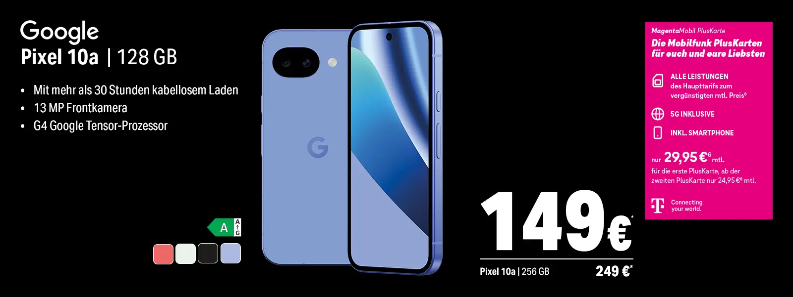 Werbegrafik: Google Pixel 10a Smartphone, 128 GB, Akku und Frontkamera Infos