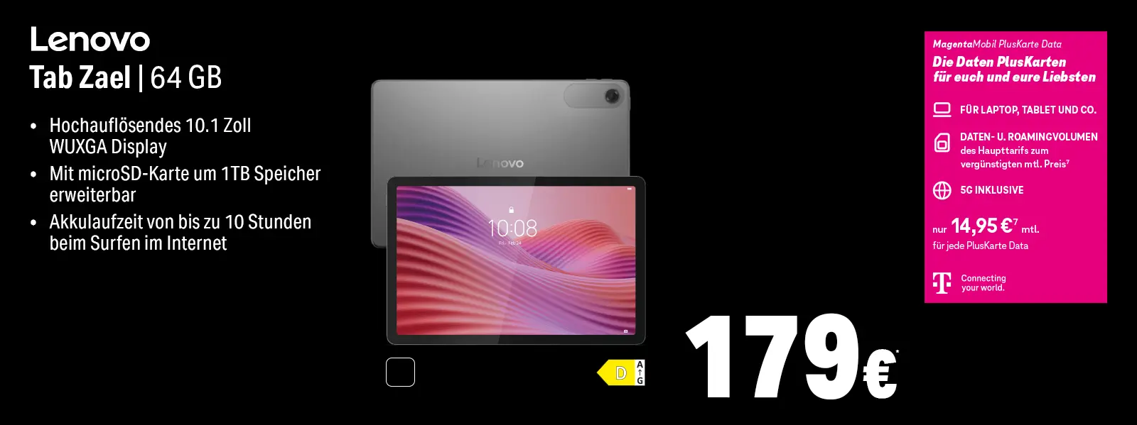 Werbung für Lenovo Tab Zael 64 GB Tablet mit 10,1 Zoll Display und Akku