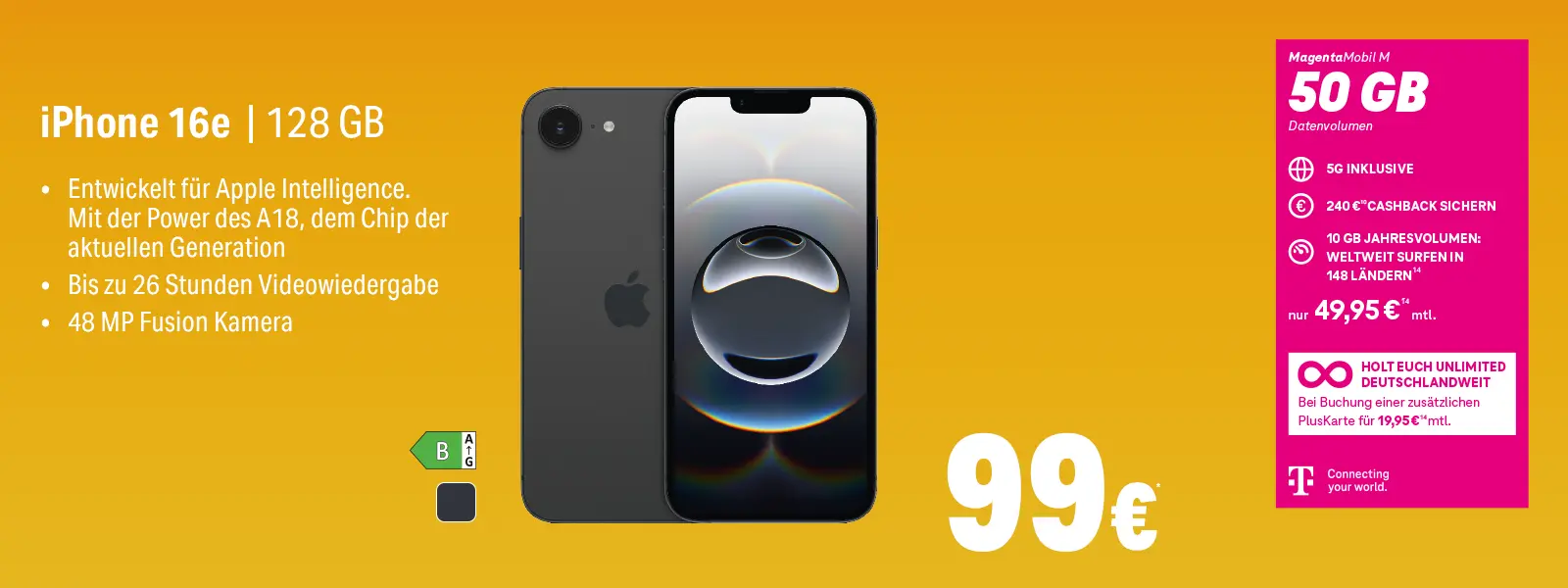 Werbebanner: iPhone 16e 128 GB mit MagentaMobil M 50 GB Tarif bei Telekom