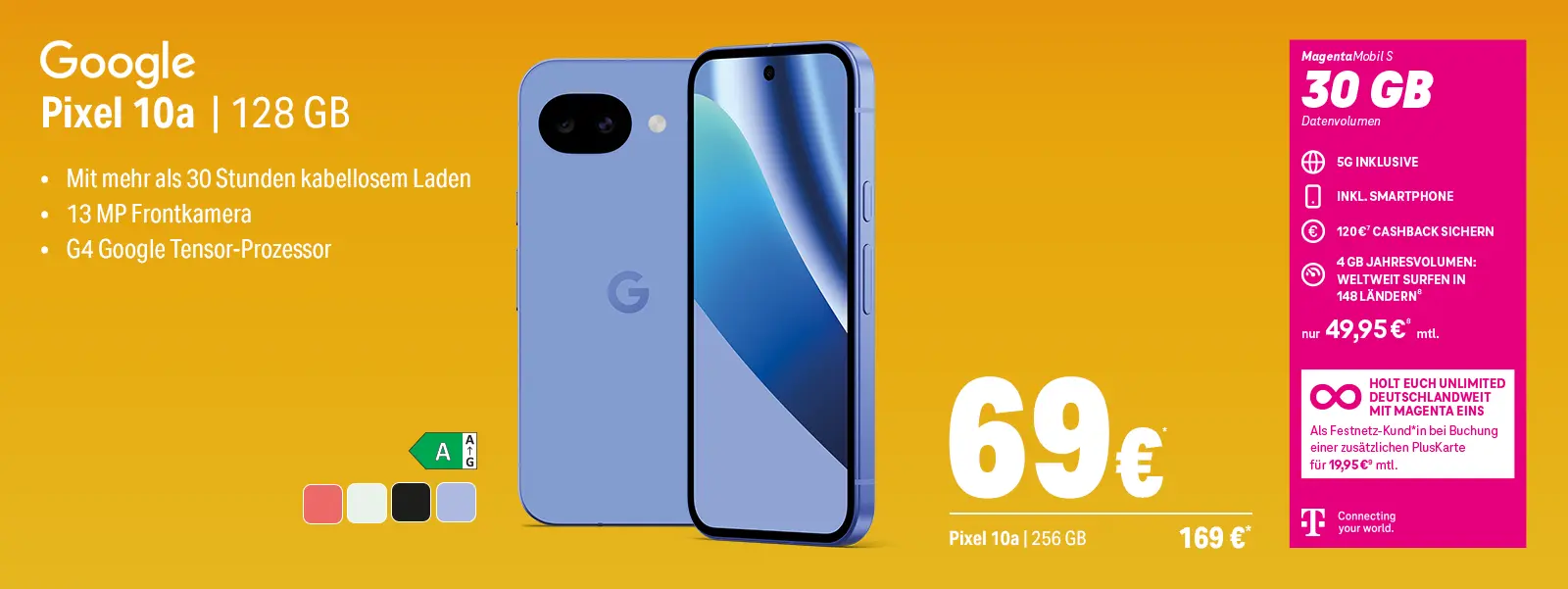 Werbebanner: Google Pixel 10a Smartphone, 128 GB, MagentaMobil S mit 30 GB 5G