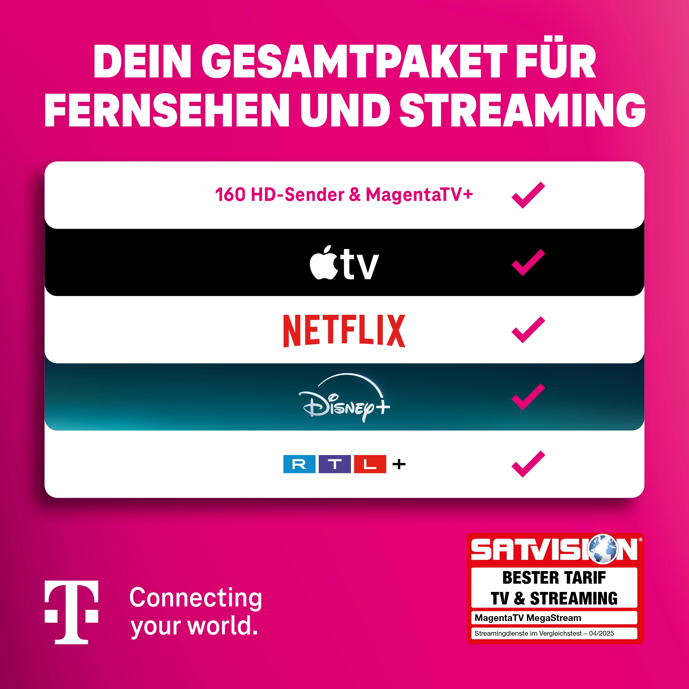 MagentaTV Streaming-Paket mit Apple TV, Netflix, Disney+ und RTL+ Logos