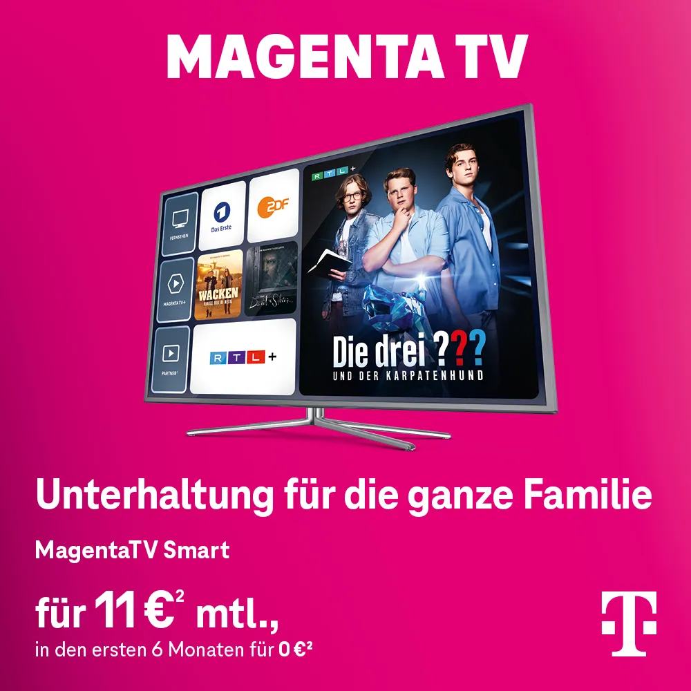 MagentaTV Werbung: Smart-TV mit Sender-Apps und Filmcover, Telekom Logo